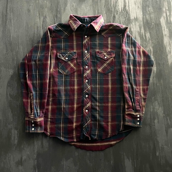 Wrangler Other - Vintage Plaid Flannel Western Shirt Mens M Burgundy 1990s Wrangler